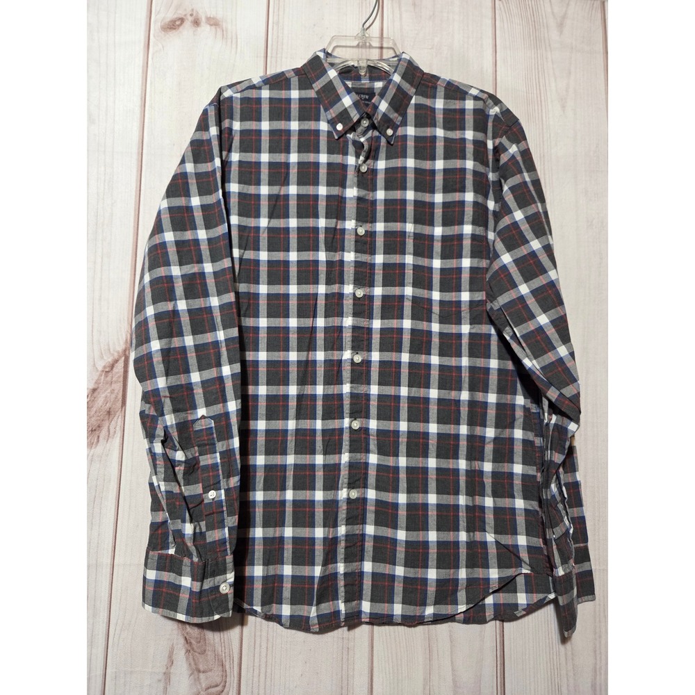 J.Crew Mens Heathered Cotton Plaid Button Down Shirt Grey Blue Red 47166 Large